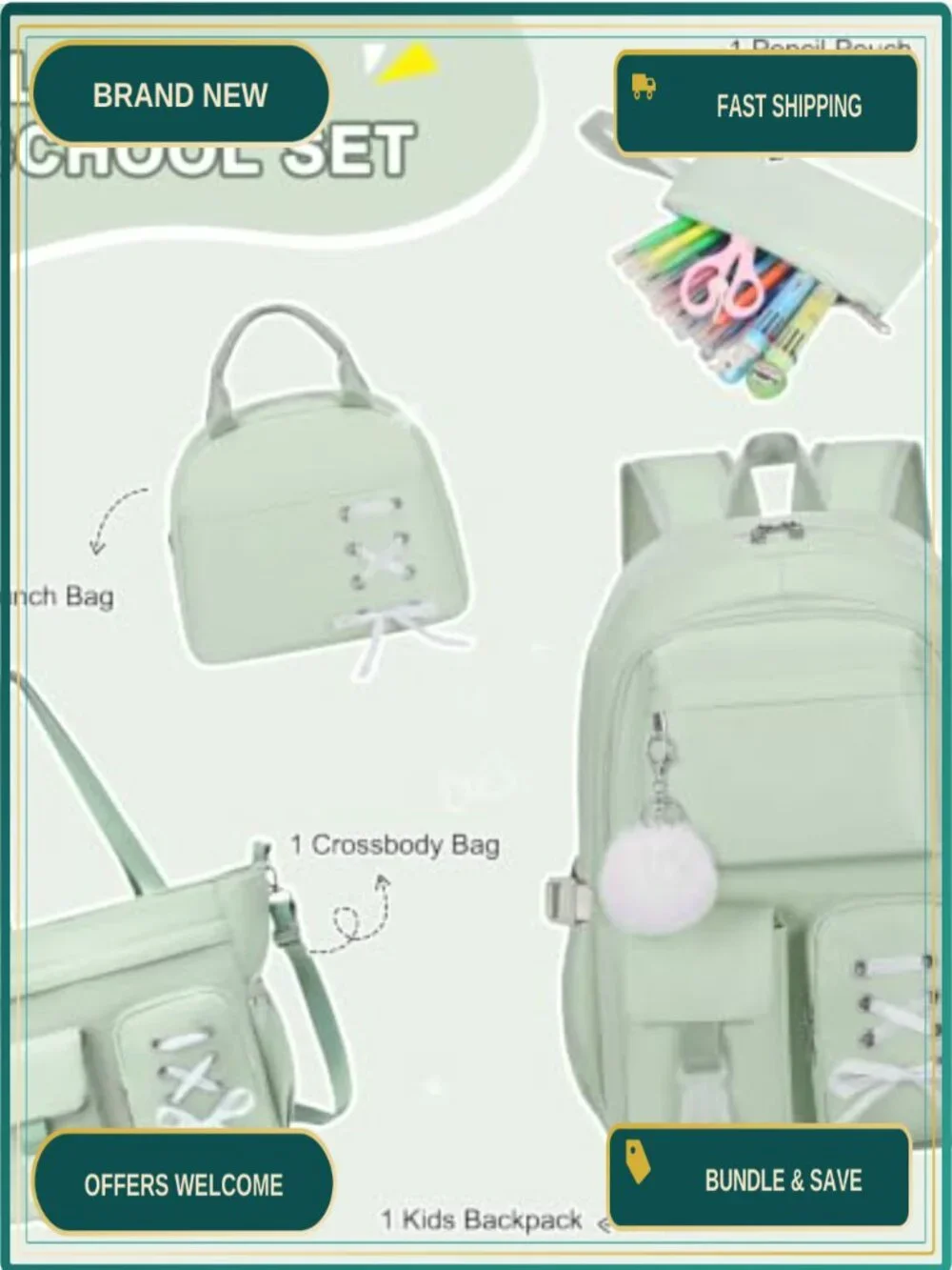 4PC Backpack Set with Lunch Bag & Crossbody for Teen Girls School Travel
